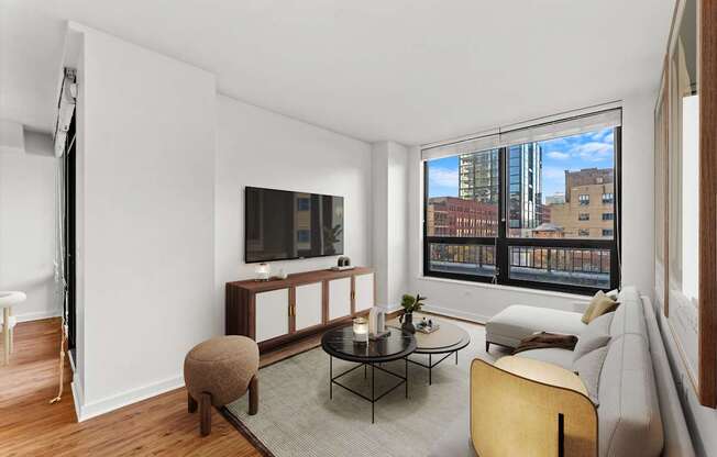 A living room with a brown ottoman, a black coffee table, and a white couch at Chateau on Wells, Illinois, 60654