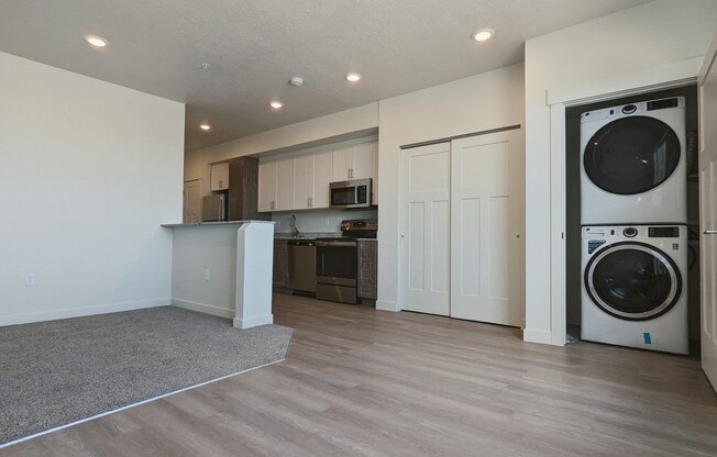 A living room with a washer and dryer