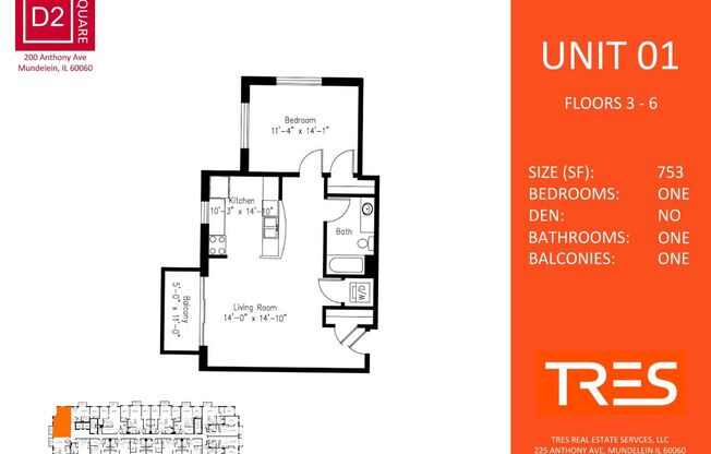 1 bed, 1 bath, 753 sqft, $1,780, Unit 601