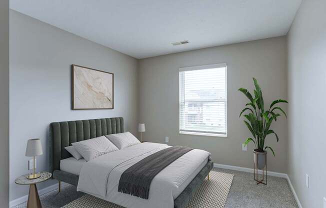 A bedroom with a bed, nightstand, and a plant.