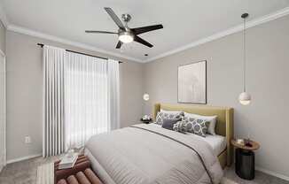 Model Bedroom with Carpet and Window View at Allure North Dallas Apartments located in Dallas, TX.