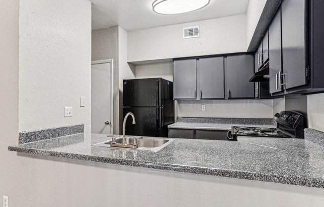 Modern kitchen with stainless steel appliances at Laurels of Sendera apartments in Arlington, TX