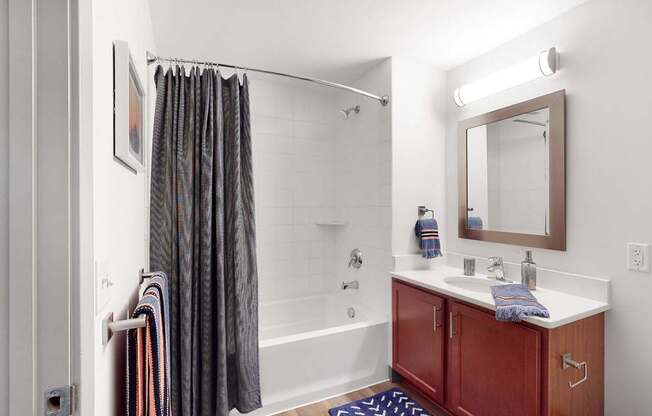 Spacious bathroom with tub and shower and large vanity in a 1 bedroom floor plan Midtown Crossing Apartments Omaha