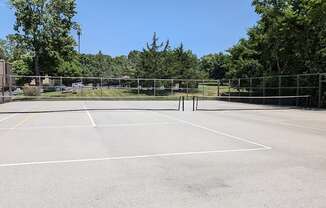 a tennis court at a park with trees