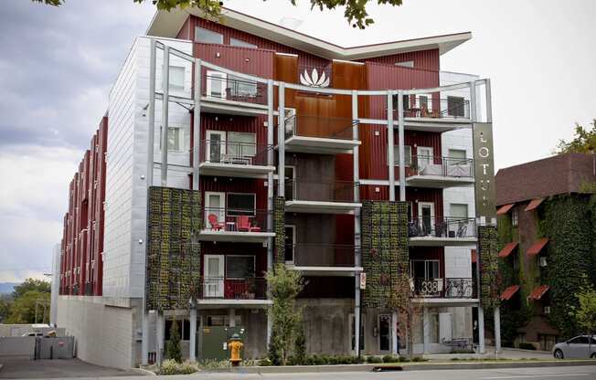 exterior of red brick building at The Lotus Apartments in Downtown Salt Lake City, Utah