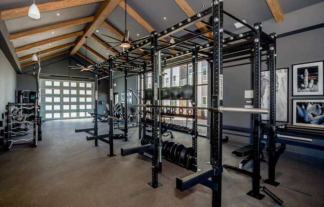 A gym with a variety of equipment including weightlifting machines and dumbbells.