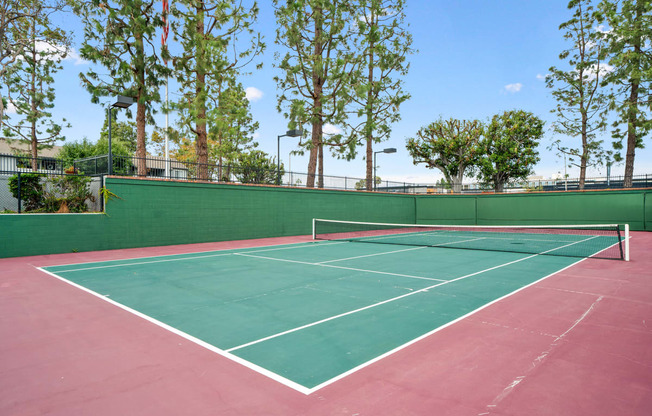 a tennis court with trees in the background on a clear day