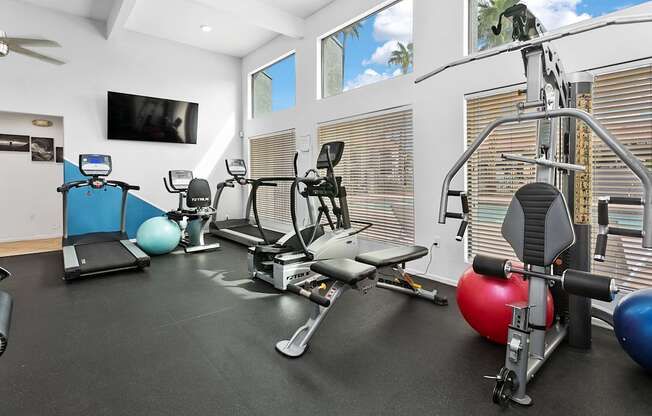 A home gym with a variety of equipment including a treadmill, exercise ball, and weights.