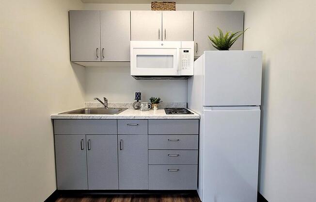 a kitchen with a sink microwave and refrigerator