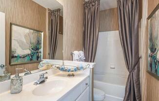 Bathroom picture with sink and vanity with batah curtain in the back