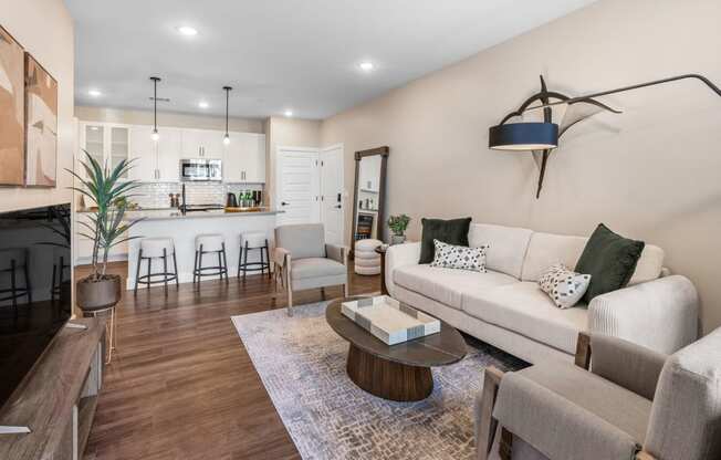 a living room with a couch and a table