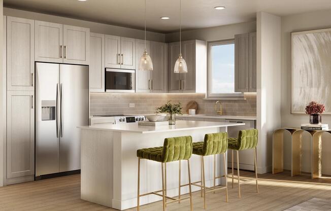 Open-concept apartment homes with chef's island, streamlined kitchen, and connected living areas designed for everyday flow and flexibility.