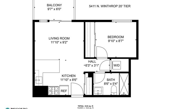 1 bed, 1 bath, 307 sqft, $1,950, Unit 420