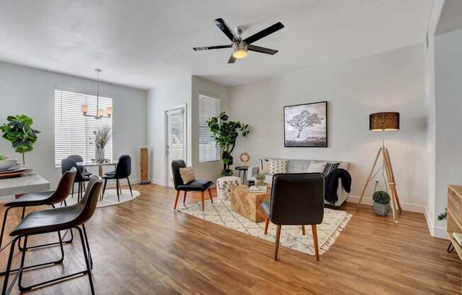 A living room with a black chair in the foreground and a white wall in the background.