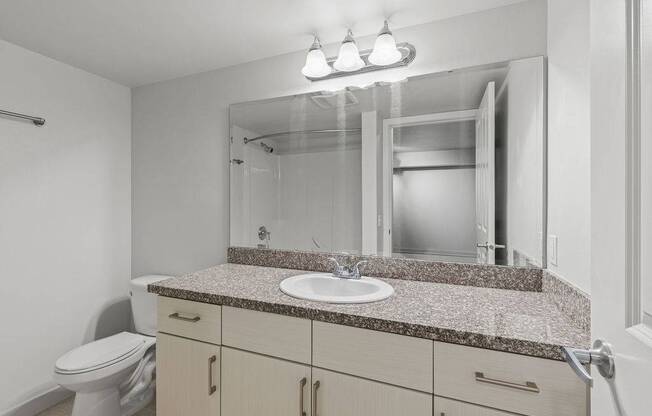 A bathroom with a granite countertop and a white toilet.
