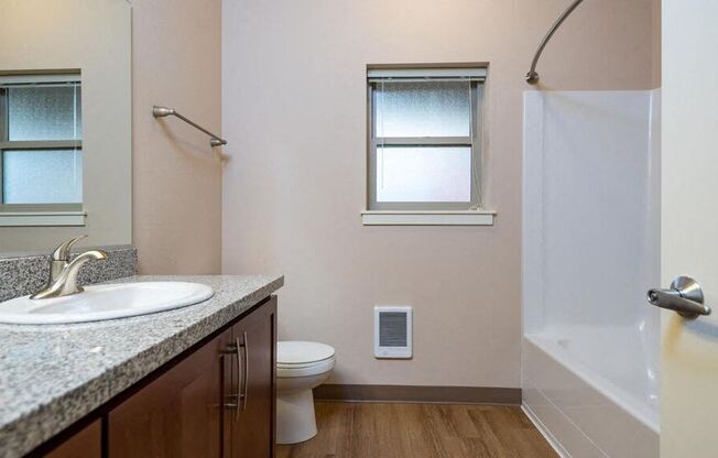 a bathroom with a sink and a toilet and a shower