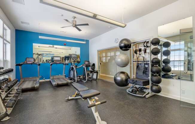 a gym with weights and cardio equipment and a window