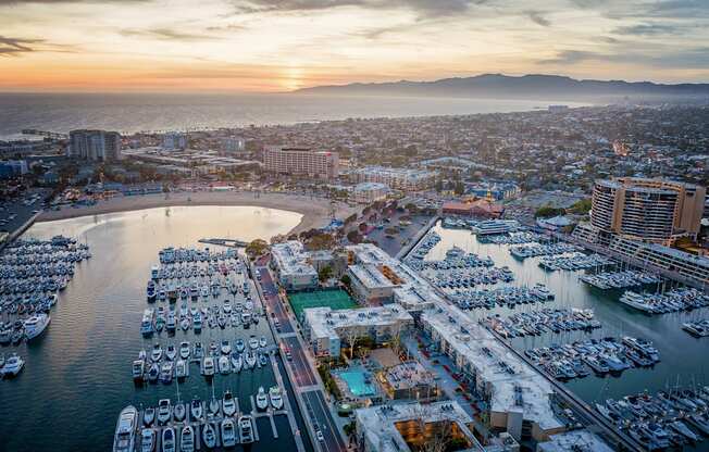 Sunset aerial shot of the marina