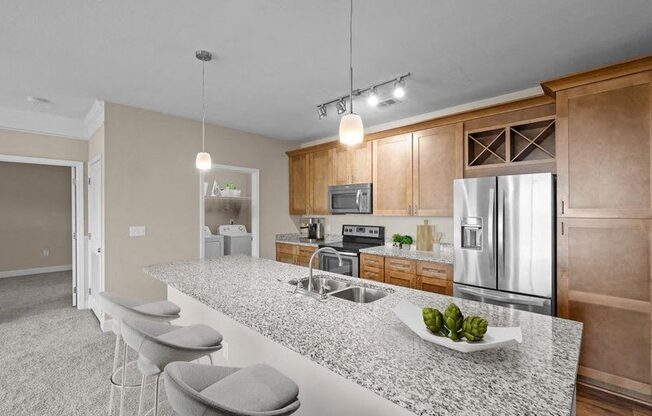 a kitchen with a granite counter top