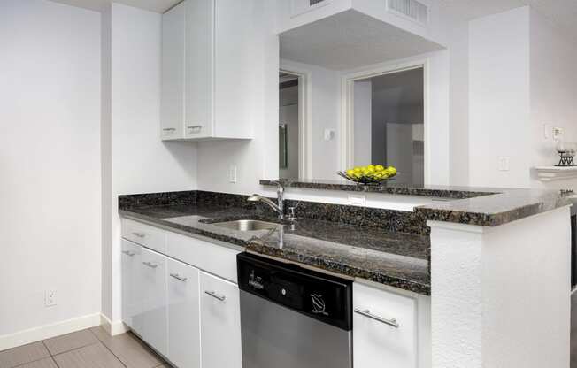 a kitchen with white cabinets and granite counter top and a sink