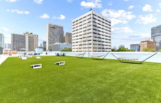 A grassy area with a hammock and benches in the foreground and a city skyline in the background.