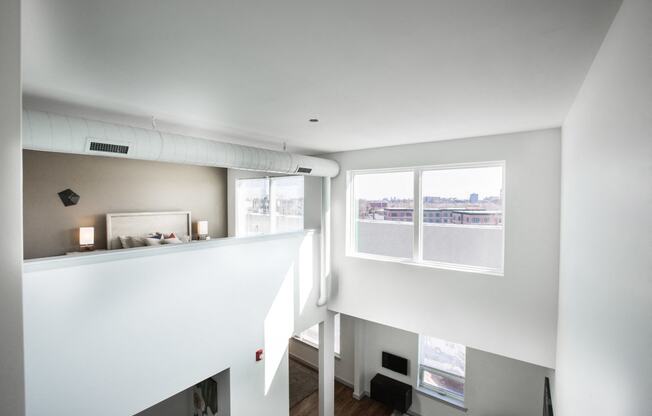 Loft view from top of the stairs overlooking apartment