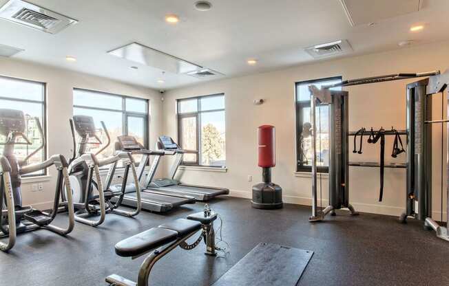 the gym has plenty of exercise equipment and windows