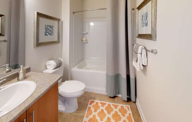 Bathroom with sink, toilet, shower and tub