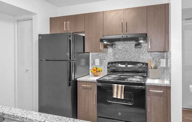 A black refrigerator and oven in a kitchen with wooden cabinets.