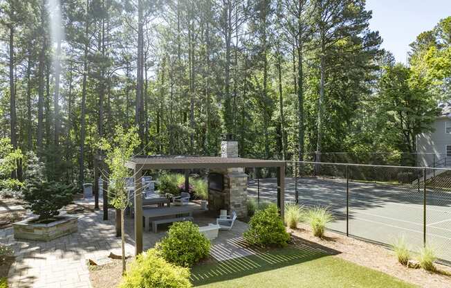 Seating area, grilling statin and tennis court