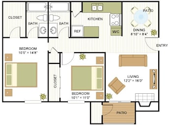2 beds, 2 baths, 878 sqft, $1,221