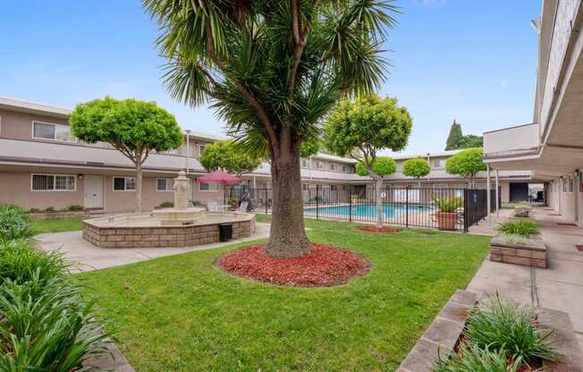 Two Bedroom Apartments In San Lorenzo, CA - Lorenzo Commons - Large Open Courtyard With Grass, Trees, A Water Fountain, A Table, Chairs, An Umbrella, And Direct Access To The Fenced In Pool Area