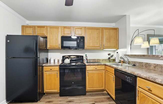 A kitchen with black appliances and wooden cabinets.