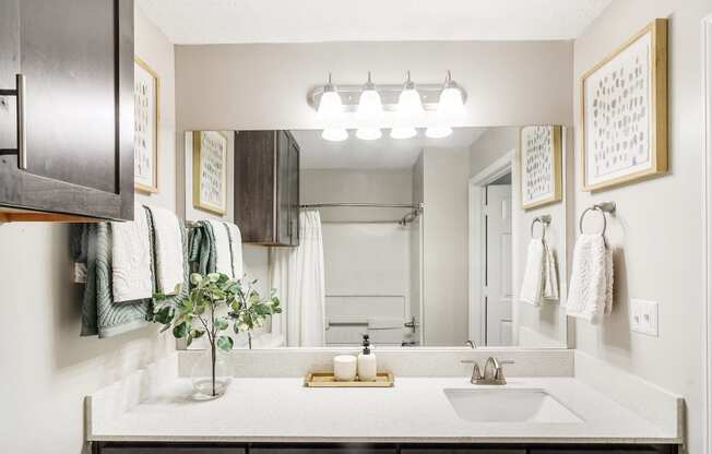 a bathroom with a sink and a mirror at Reserve of Jackson Apartment Homes, Jackson, MS, 39211