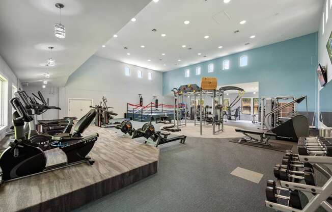 a gym with weights machines and other exercise equipment