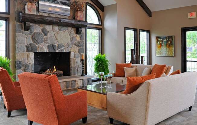 Clubhouse Fireplace and Lounge Area at Southport Apartments, Belleville, MI