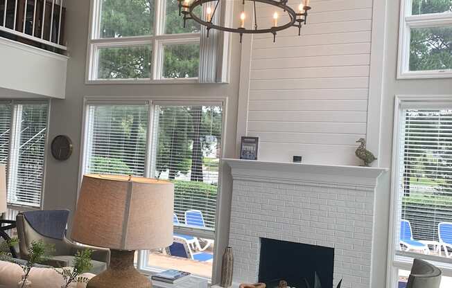 Leasing Office with Fire Place and Chandelier  at Huntington Apartments, North Carolina