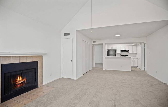 A living room with a fireplace and a television.