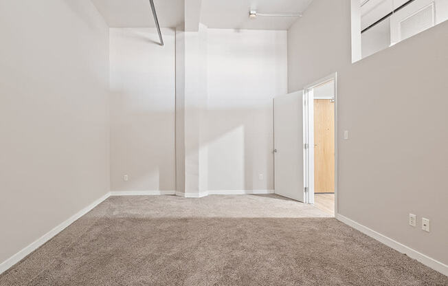 an empty room with carpet and a door to a closet