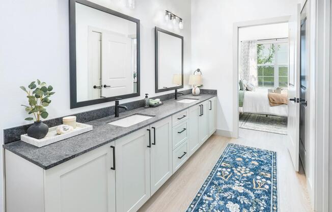 Upgrade your routine with bathrooms featuring double vanities, sleek granite countertops, and designer matte black plumbing fixtures.