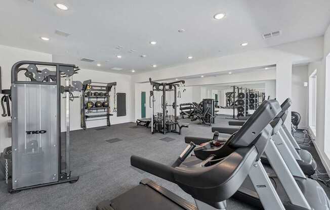 A gym with a variety of equipment including treadmills, weights, and exercise machines.