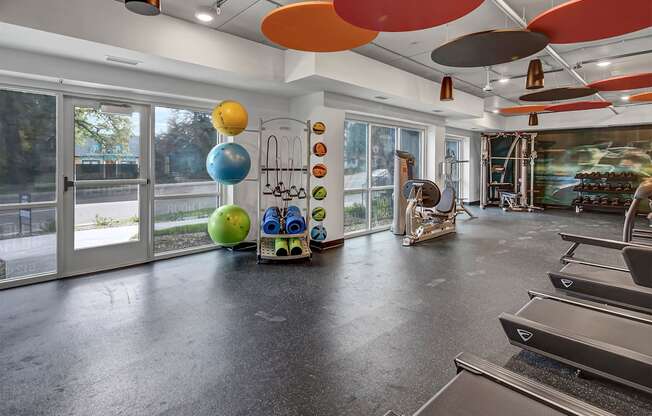 the preserve at cardinal woods fitness room with exercise equipment and windows