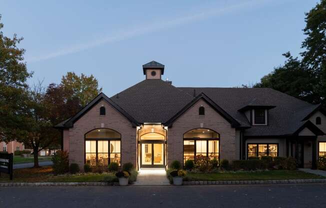 Exterior clubhouse at dusk