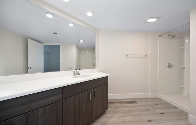a bathroom with a large mirror and a sink and a shower at Track 281 Apartments, Sacramento, CA