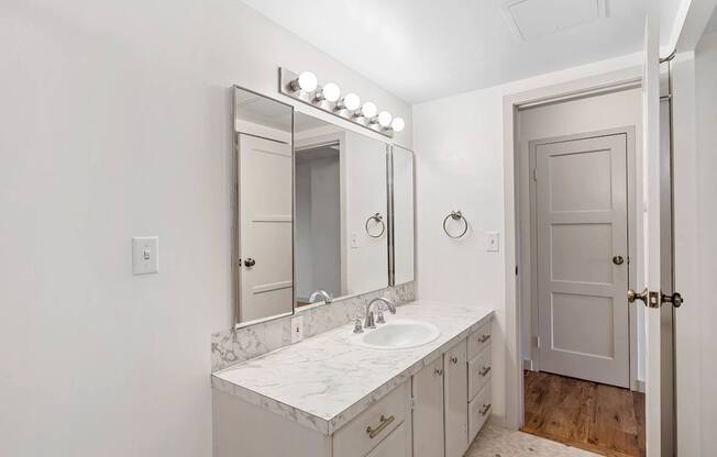 a bathroom with a sink and a mirror
