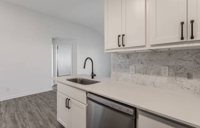 A kitchen with a white sink and cabinets.