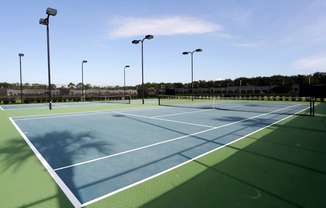 A tennis court with a blue surface and white lines.