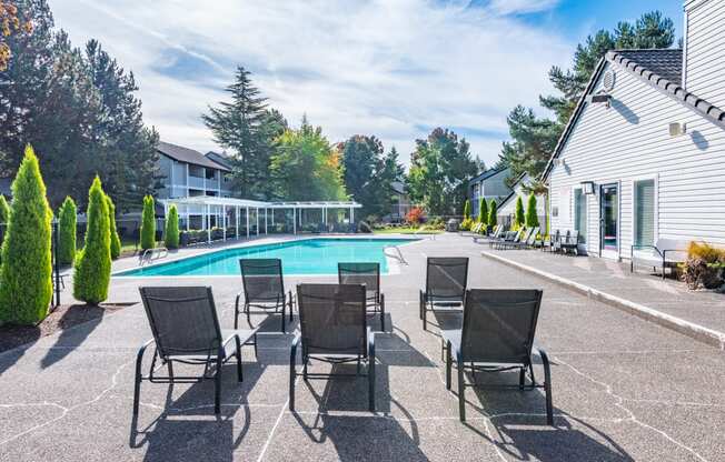 Sir Charles Court pool deck and lounge chairs, Beaverton, OR, 97006