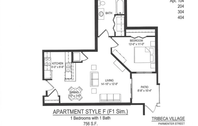 1 bed, 1 bath, 756 sqft, $1,442, Unit 104