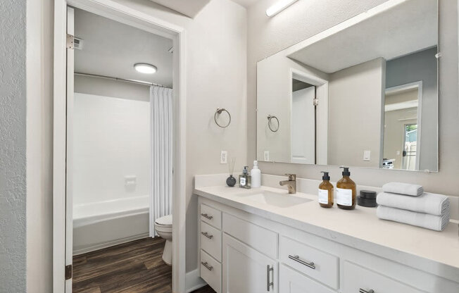 Model Bathroom 2 with Bathtub/Shower, Wood-Style Flooring & White Cabinets at Forest Park Apartments in El Cajon, CA.